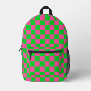 Pink Green Chequered Check Pattern Printed Backpack