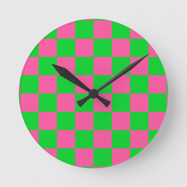 Pink Green Chequered Check Pattern Round Clock (Front)