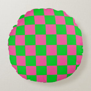 Pink Green Chequered Check Pattern Round Cushion
