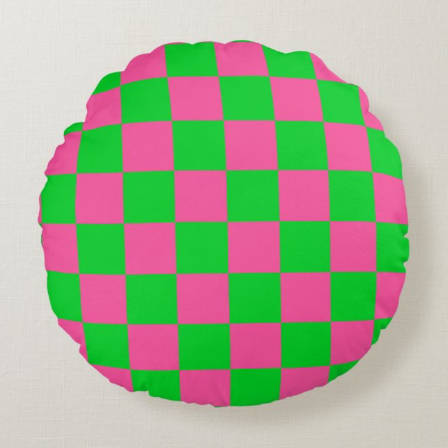 Pink Green Chequered Check Pattern Round Cushion (Front)