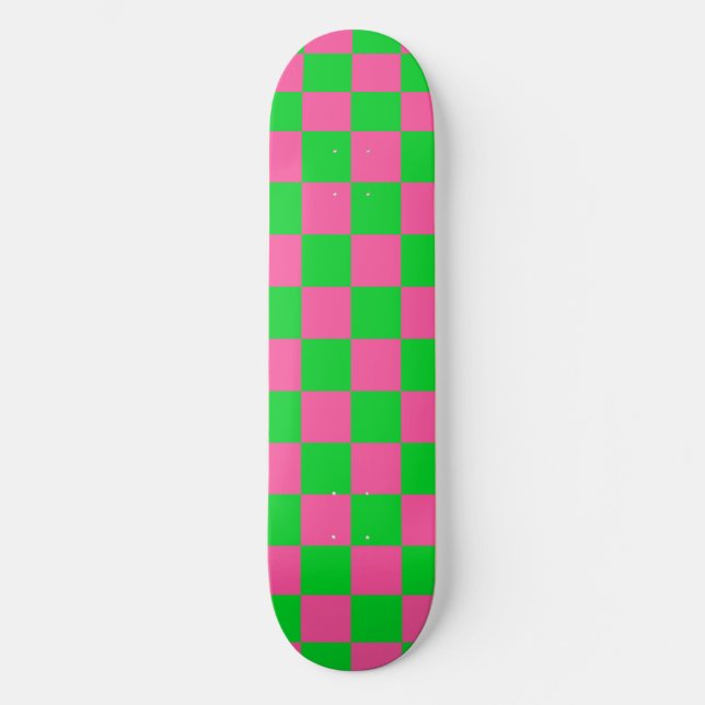 Pink Green Chequered Check Pattern Skateboard (Front)