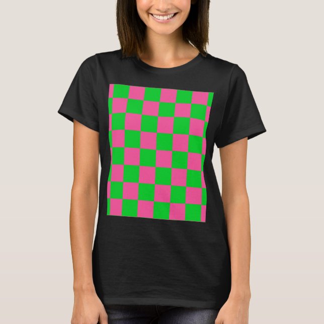 Pink Green Chequered Check Pattern T-Shirt (Front)