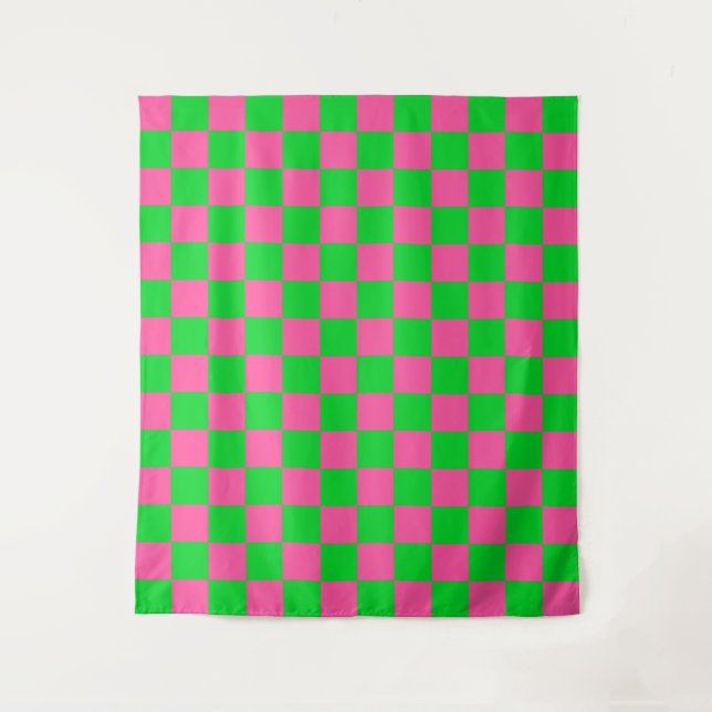 Pink Green Chequered Check Pattern Tapestry (Front)
