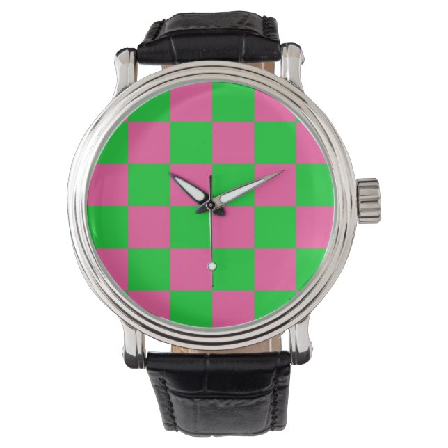 Pink Green Chequered Check Pattern Watch (Front)