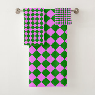 Pink Green Chequered Diamond Pattern Bath Towel Set