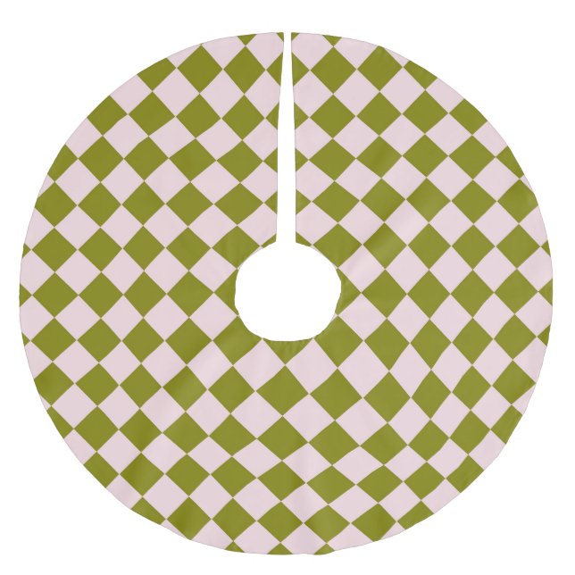Pink Green Chequered Diamond Pattern Brushed Polyester Tree Skirt (Front)