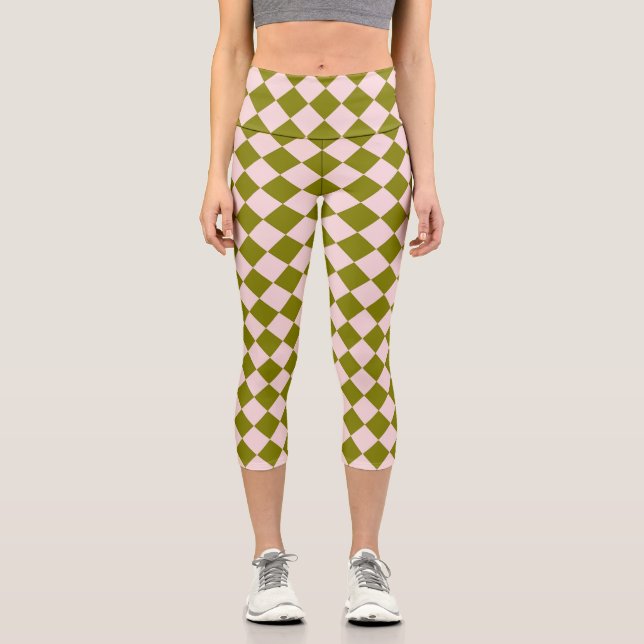 Pink Green Chequered Diamond Pattern  Capri Leggings (Front)
