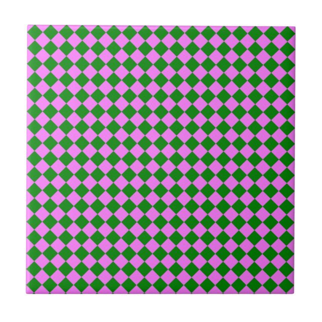 Pink Green Chequered Diamond Pattern Ceramic Tile (Front)