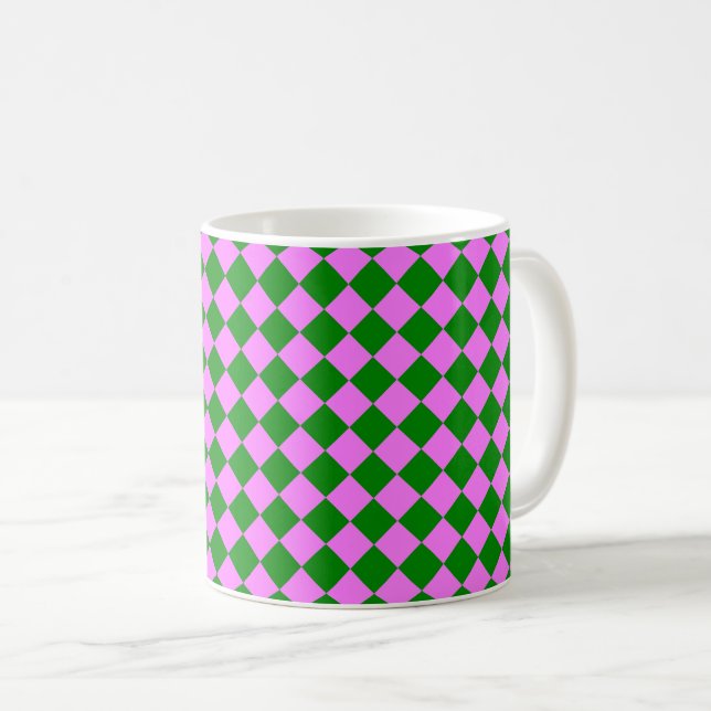 Pink Green Chequered Diamond Pattern Coffee Mug (Front Right)