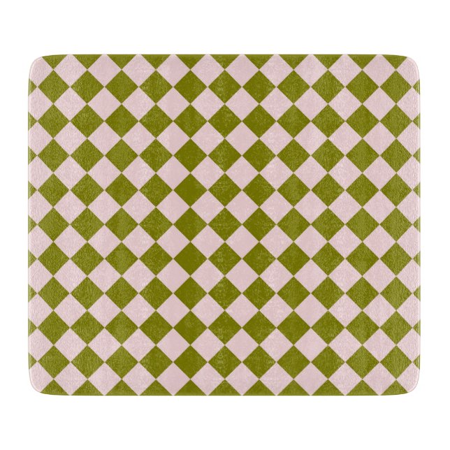 Pink Green Chequered Diamond Pattern Cutting Board (Front)