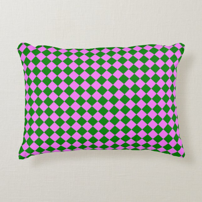 Pink Green Chequered Diamond Pattern Decorative Cushion (Front)