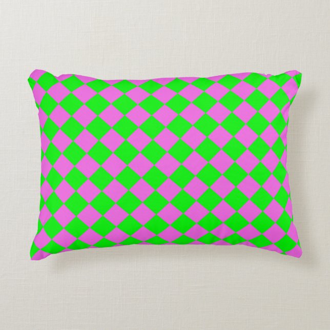Pink Green Chequered Diamond Pattern  Decorative Cushion (Front)
