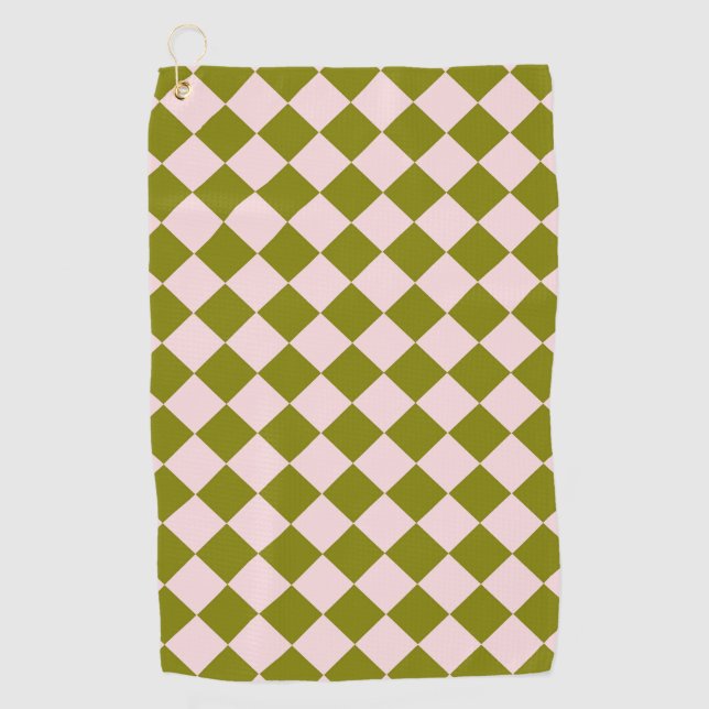 Pink Green Chequered Diamond Pattern Golf Towel (Front)