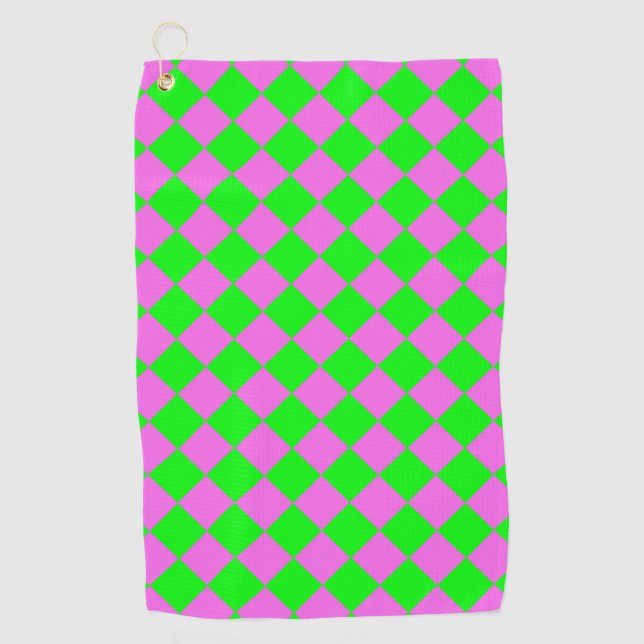 Pink Green Chequered Diamond Pattern Golf Towel (Front)