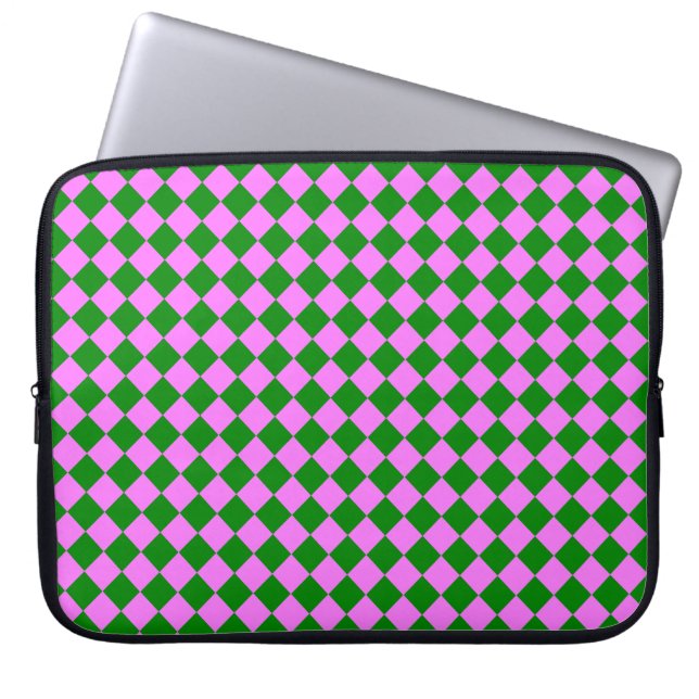 Pink Green Chequered Diamond Pattern Laptop Sleeve (Front)