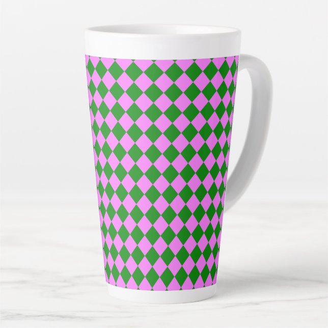 Pink Green Chequered Diamond Pattern Latte Mug (Right Angle)