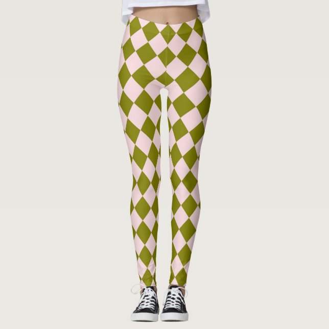 Pink Green Chequered Diamond Pattern  Leggings (Front)