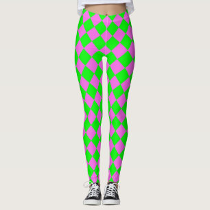Pink Green Chequered Diamond Pattern Leggings