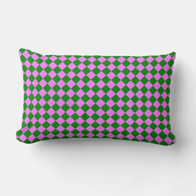 Pink Green Chequered Diamond Pattern Lumbar Cushion (Front)