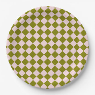 Pink Green Chequered Diamond Pattern Paper Plate