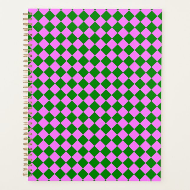 Pink Green Chequered Diamond Pattern Planner (Front)