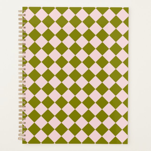 Pink Green Chequered Diamond Pattern  Planner (Front)