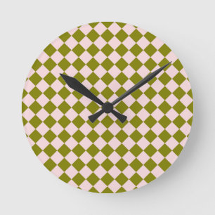 Pink Green Chequered Diamond Pattern Round Clock