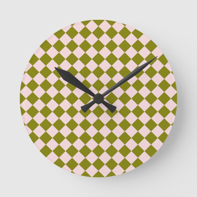Pink Green Chequered Diamond Pattern Round Clock (Front)