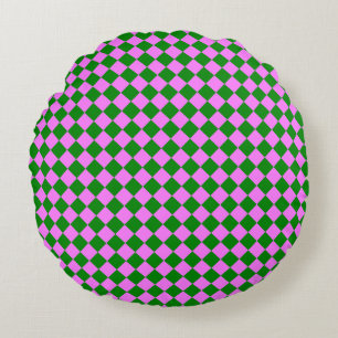 Pink Green Chequered Diamond Pattern Round Cushion