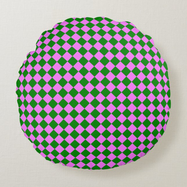 Pink Green Chequered Diamond Pattern Round Cushion (Front)
