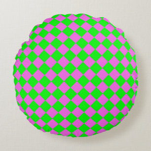 Pink Green Chequered Diamond Pattern Round Cushion