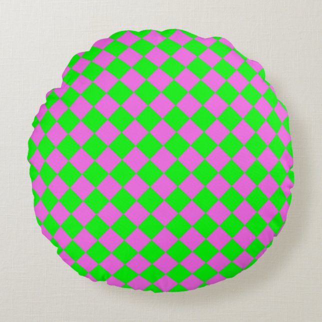 Pink Green Chequered Diamond Pattern  Round Cushion (Front)