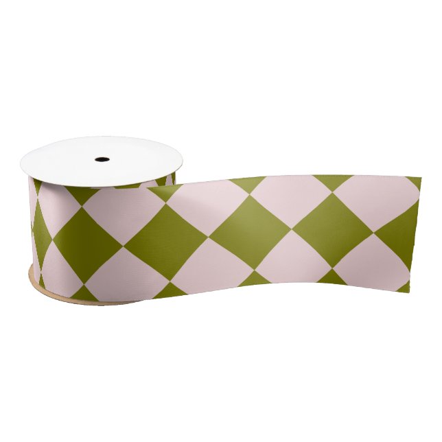Pink Green Chequered Diamond Pattern Satin Ribbon (Spool)