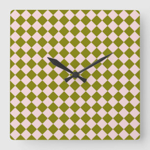 Pink Green Chequered Diamond Pattern Square Wall Clock