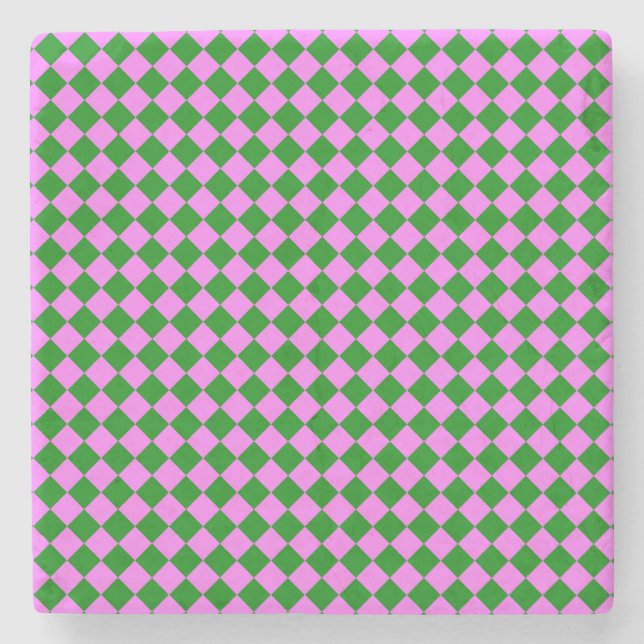 Pink Green Chequered Diamond Pattern Stone Coaster (Front)