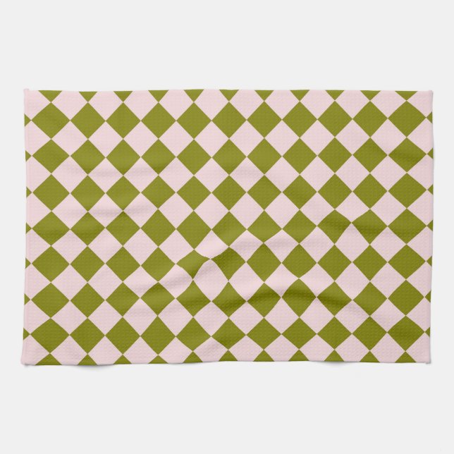 Pink Green Chequered Diamond Pattern  Tea Towel (Horizontal)