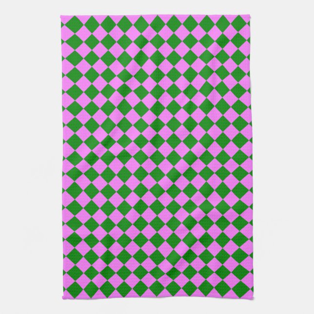 Pink Green Chequered Diamond Pattern Tea Towel (Vertical)