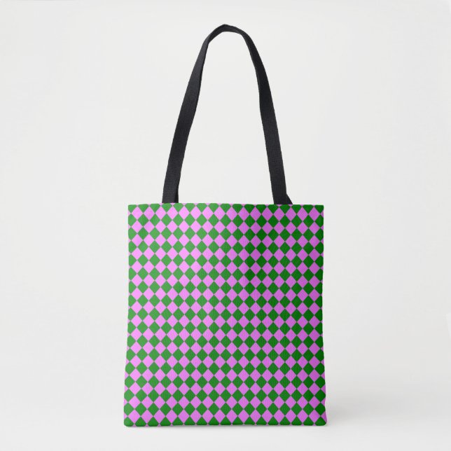 Pink Green Chequered Diamond Pattern Tote Bag (Front)