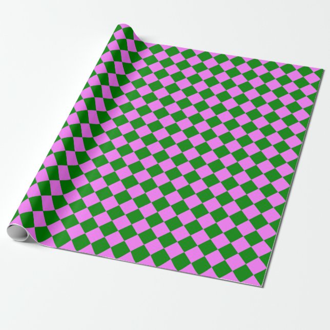 Pink Green Chequered Diamond Pattern Wrapping Paper (Unrolled)