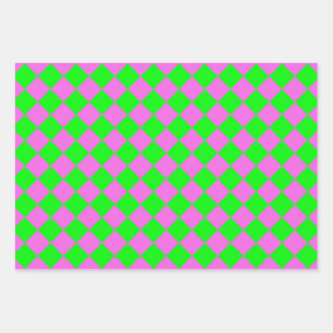 Pink Green Chequered Diamond Pattern Wrapping Paper Sheet