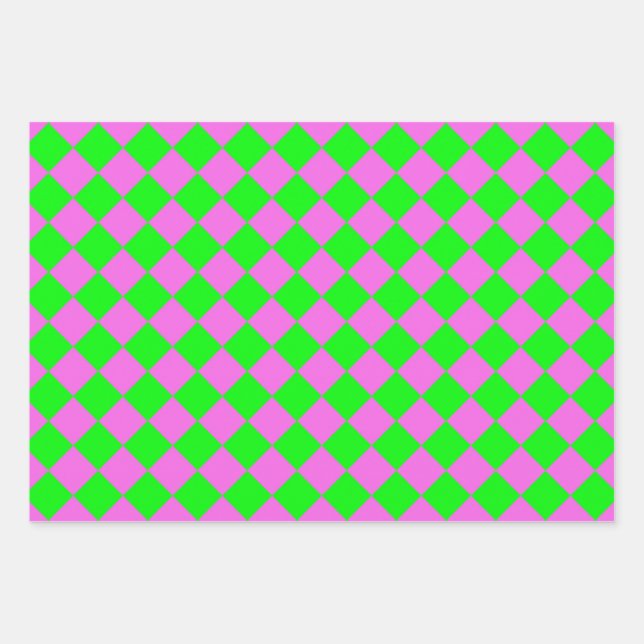 Pink Green Chequered Diamond Pattern Wrapping Paper Sheet (Front)