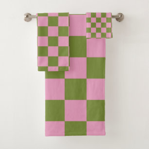 Pink Green Chequered Gingham Pattern Bath Towel Set
