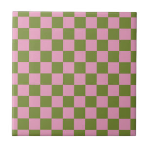 Pink Green Chequered Gingham Pattern Ceramic Tile