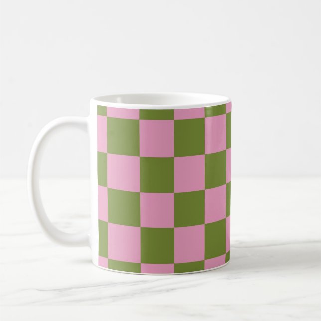 Pink Green Chequered Gingham Pattern Coffee Mug (Left)