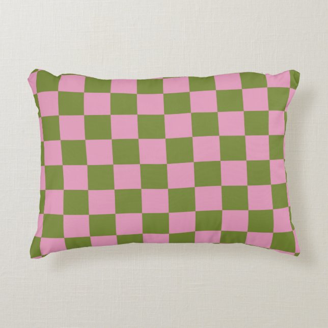 Pink Green Chequered Gingham Pattern Decorative Cushion (Front)