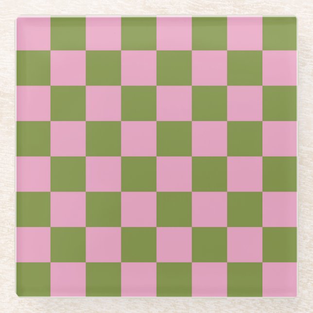 Pink Green Chequered Gingham Pattern Glass Coaster (Front)