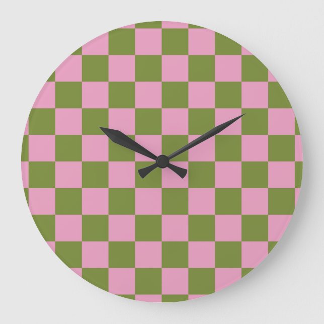 Pink Green Chequered Gingham Pattern Large Clock (Front)