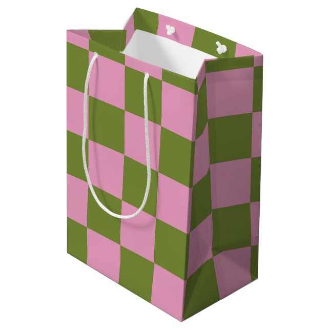 Pink Green Chequered Gingham Pattern Medium Gift Bag (Back Angled)