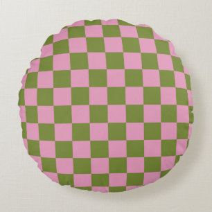 Pink Green Chequered Gingham Pattern Round Cushion