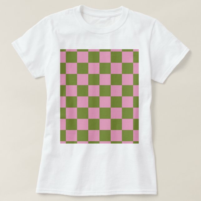 Pink Green Chequered Gingham Pattern T-Shirt (Design Front)